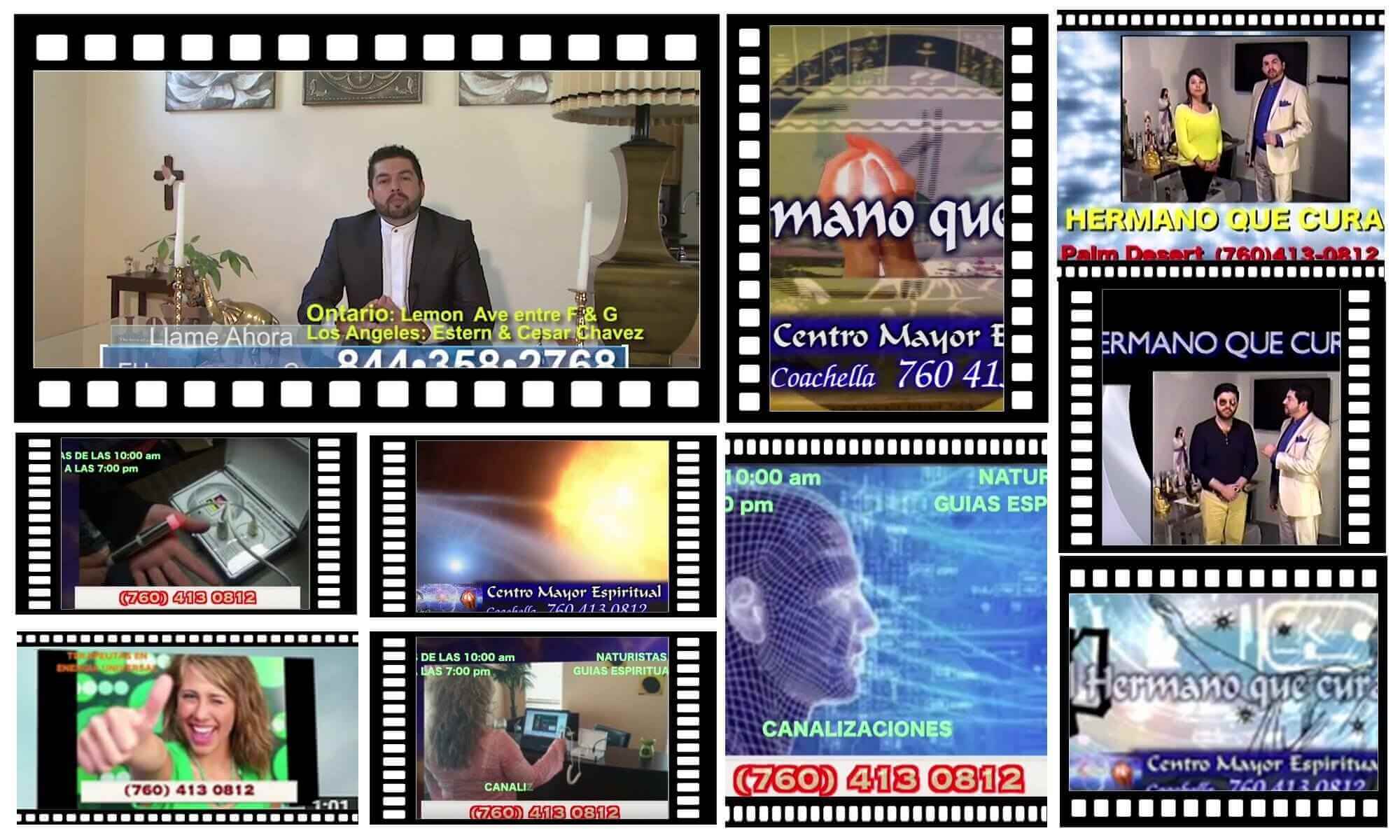 Miniaturas de videos con presentadores espirituales y centros de ayuda en televisión
